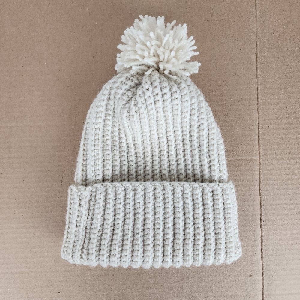 Crochet Handmade Chunky Ribbed Beanie Cream Pompom Warm Hat Cozy Cap